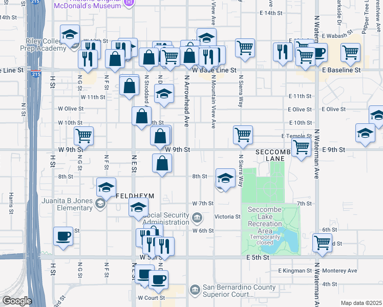 map of restaurants, bars, coffee shops, grocery stores, and more near 901 North Arrowhead Avenue in San Bernardino