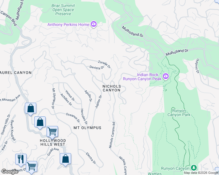map of restaurants, bars, coffee shops, grocery stores, and more near 7507 Willow Glen Road in Los Angeles