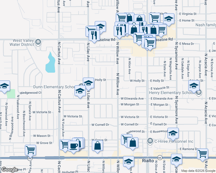map of restaurants, bars, coffee shops, grocery stores, and more near 885 North Millard Avenue in Rialto
