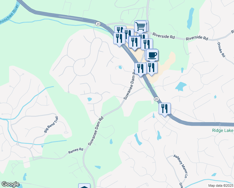 map of restaurants, bars, coffee shops, grocery stores, and more near 252 Kendrix Road in Buford