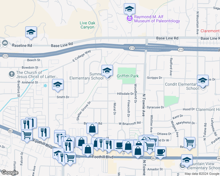 map of restaurants, bars, coffee shops, grocery stores, and more near 1736 Sumner Avenue in Claremont