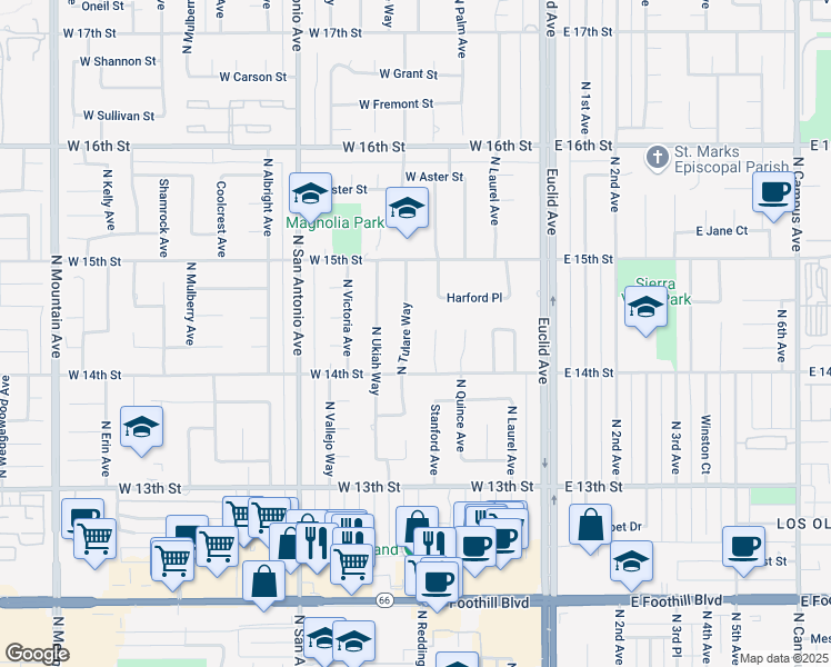 map of restaurants, bars, coffee shops, grocery stores, and more near 1449 North Tulare Way in Upland