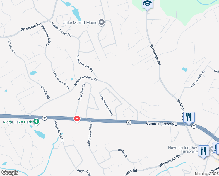 map of restaurants, bars, coffee shops, grocery stores, and more near 5580 Windswept Trace in Sugar Hill