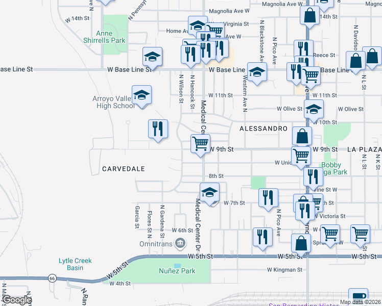 map of restaurants, bars, coffee shops, grocery stores, and more near 1677 West 9th Street in San Bernardino
