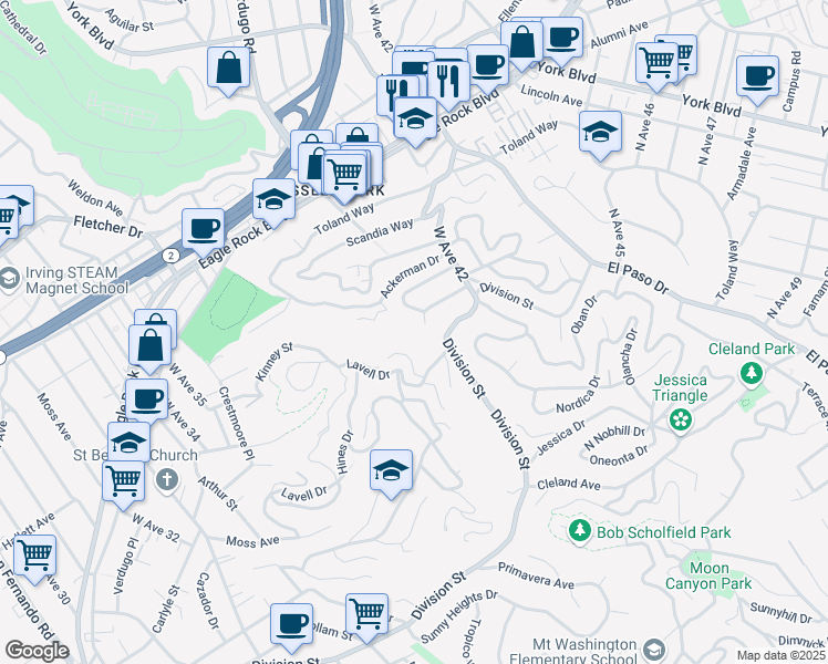 map of restaurants, bars, coffee shops, grocery stores, and more near 3865 Barryknoll Drive in Los Angeles
