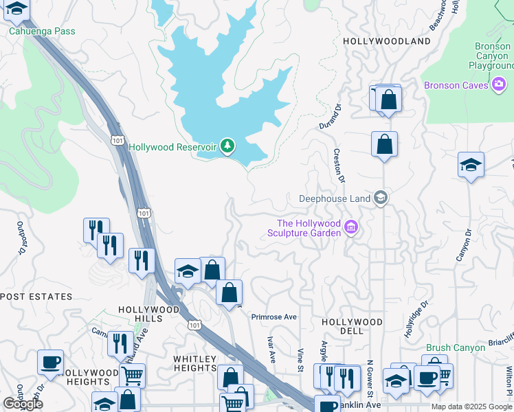 map of restaurants, bars, coffee shops, grocery stores, and more near 6438 West Georgius Way in Los Angeles