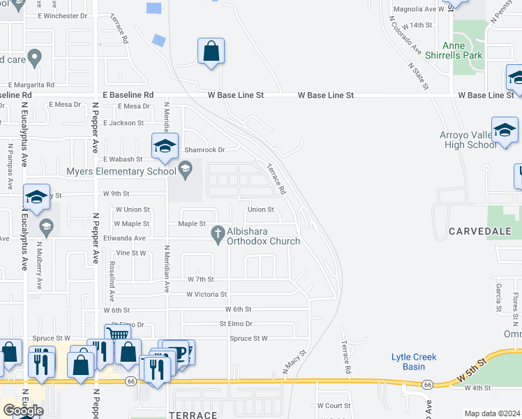 map of restaurants, bars, coffee shops, grocery stores, and more near Union Street in San Bernardino