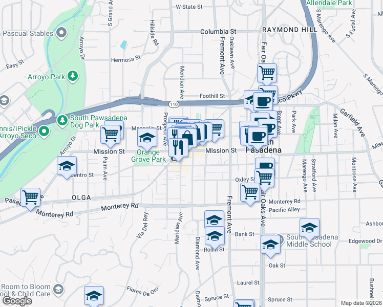 map of restaurants, bars, coffee shops, grocery stores, and more near 1025 Mission Street in South Pasadena