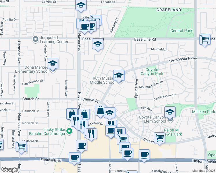 map of restaurants, bars, coffee shops, grocery stores, and more near 10720 Springfield Drive in Rancho Cucamonga