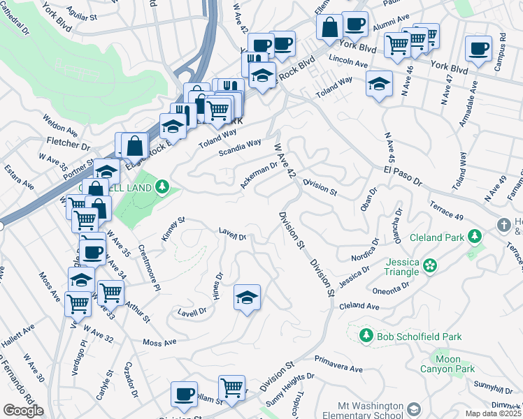 map of restaurants, bars, coffee shops, grocery stores, and more near 3865 Barryknoll Drive in Los Angeles