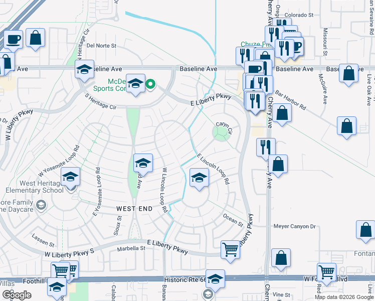 map of restaurants, bars, coffee shops, grocery stores, and more near 14204 Larkin Court in Fontana