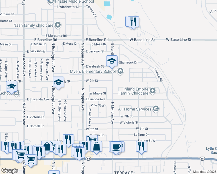 map of restaurants, bars, coffee shops, grocery stores, and more near 895 North Belden Avenue in Rialto