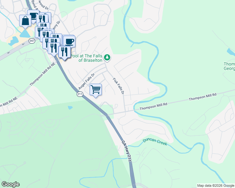 map of restaurants, bars, coffee shops, grocery stores, and more near 2328 Loowit Falls Drive in Braselton