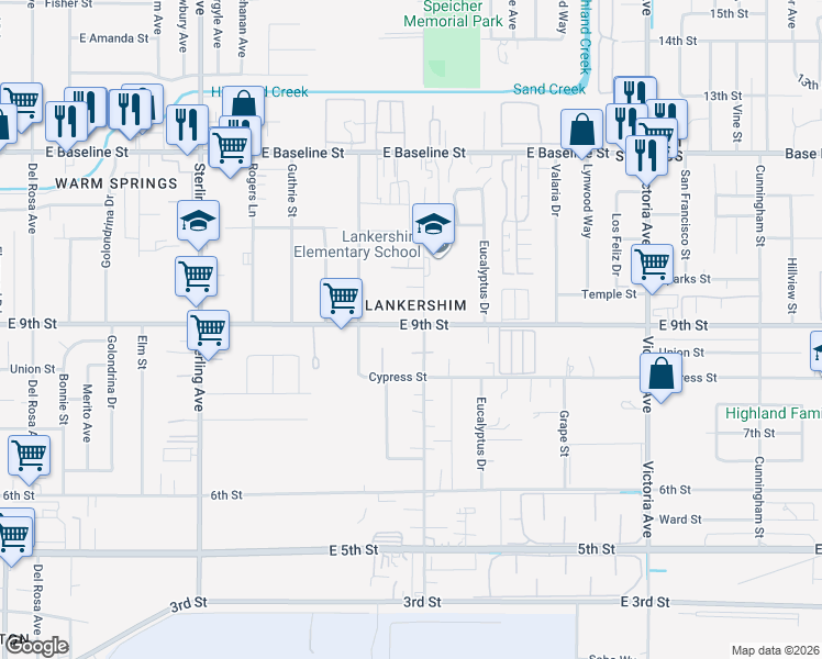 map of restaurants, bars, coffee shops, grocery stores, and more near 26079 East 9th Street in Highland