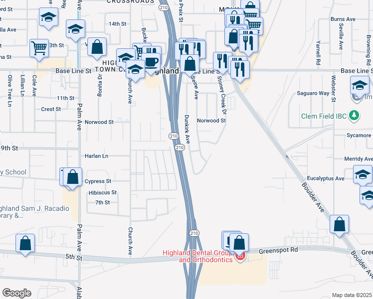 map of restaurants, bars, coffee shops, grocery stores, and more near 7610 Dunkirk Avenue in Highland