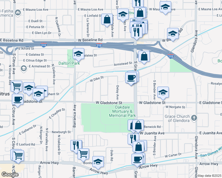 map of restaurants, bars, coffee shops, grocery stores, and more near 1310 South Vecino Avenue in Glendora