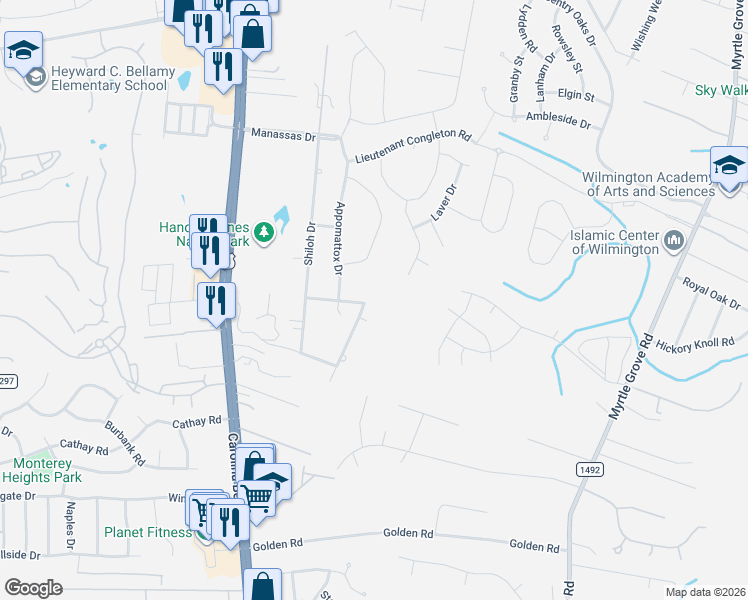 map of restaurants, bars, coffee shops, grocery stores, and more near 6201 Appomattox Drive in Wilmington