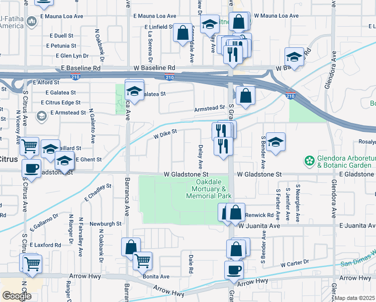 map of restaurants, bars, coffee shops, grocery stores, and more near 1310 South Vecino Avenue in Glendora
