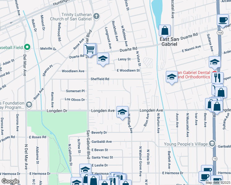map of restaurants, bars, coffee shops, grocery stores, and more near 8348 Doris Avenue in San Gabriel