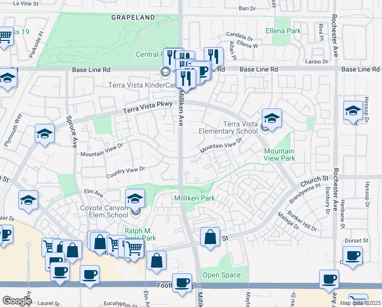 map of restaurants, bars, coffee shops, grocery stores, and more near 11339 Mountain View Drive in Rancho Cucamonga
