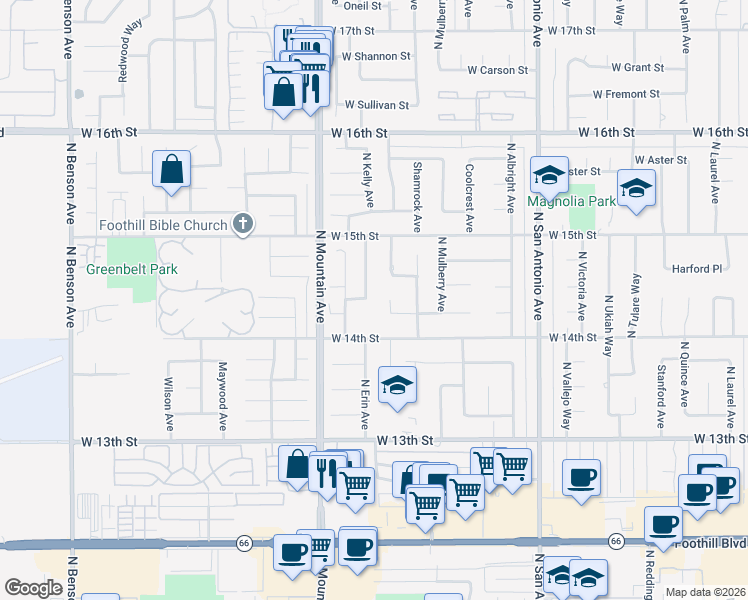map of restaurants, bars, coffee shops, grocery stores, and more near 1438 North Kelly Avenue in Upland