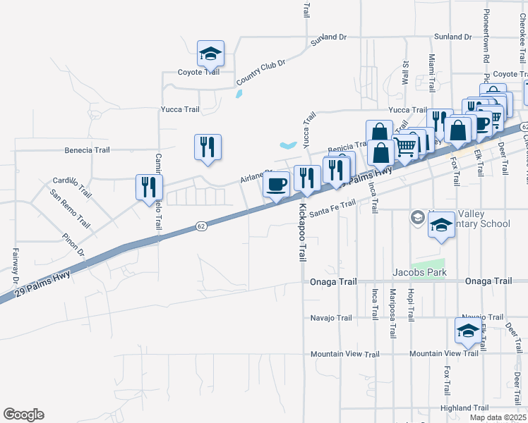 map of restaurants, bars, coffee shops, grocery stores, and more near 55189 California 62 in Yucca Valley