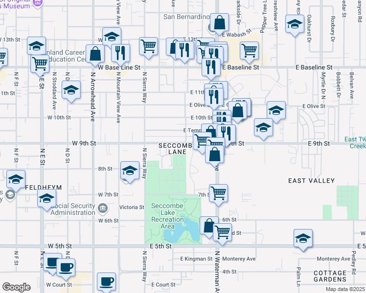 map of restaurants, bars, coffee shops, grocery stores, and more near 223 East 9th Street in San Bernardino