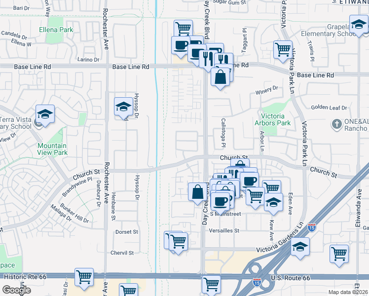 map of restaurants, bars, coffee shops, grocery stores, and more near 12222 Dry Creek Drive in Rancho Cucamonga