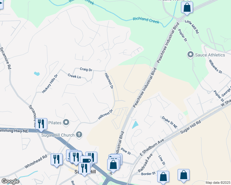 map of restaurants, bars, coffee shops, grocery stores, and more near 1230 Ainsworth Alley in Sugar Hill