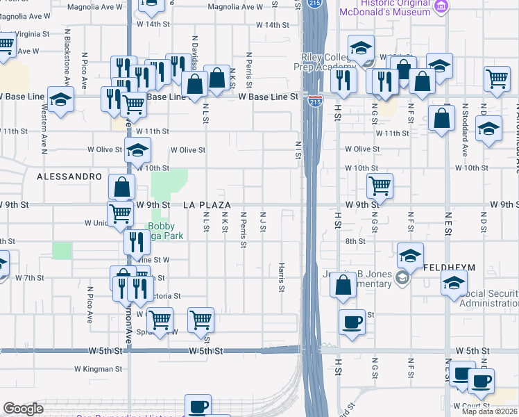 map of restaurants, bars, coffee shops, grocery stores, and more near 1005 West 9th Street in San Bernardino