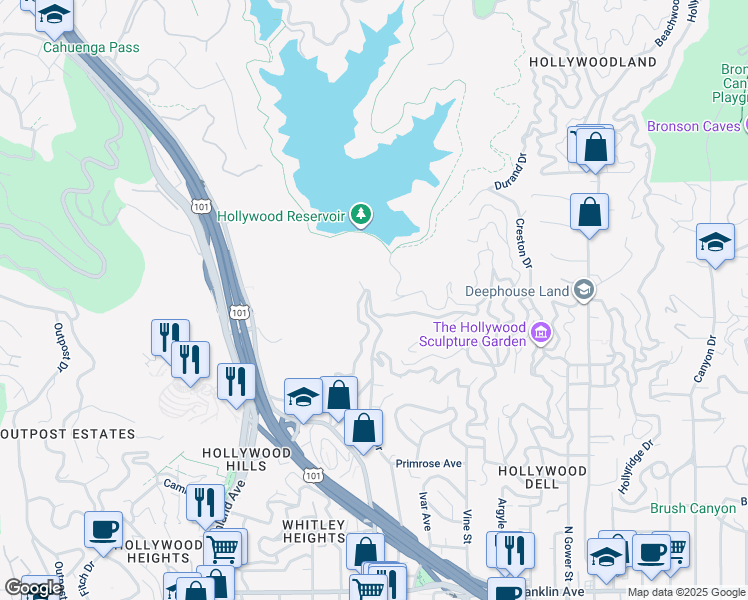 map of restaurants, bars, coffee shops, grocery stores, and more near 6477 Deep Dell Place in Los Angeles