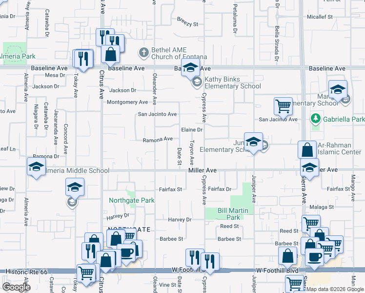map of restaurants, bars, coffee shops, grocery stores, and more near 7603 Date Street in Fontana