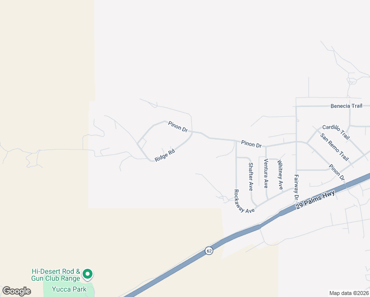 map of restaurants, bars, coffee shops, grocery stores, and more near 54046 Ridge Road in Yucca Valley