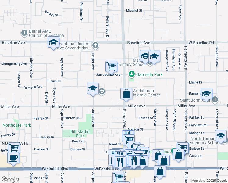 map of restaurants, bars, coffee shops, grocery stores, and more near 16839 Ramona Avenue in Fontana