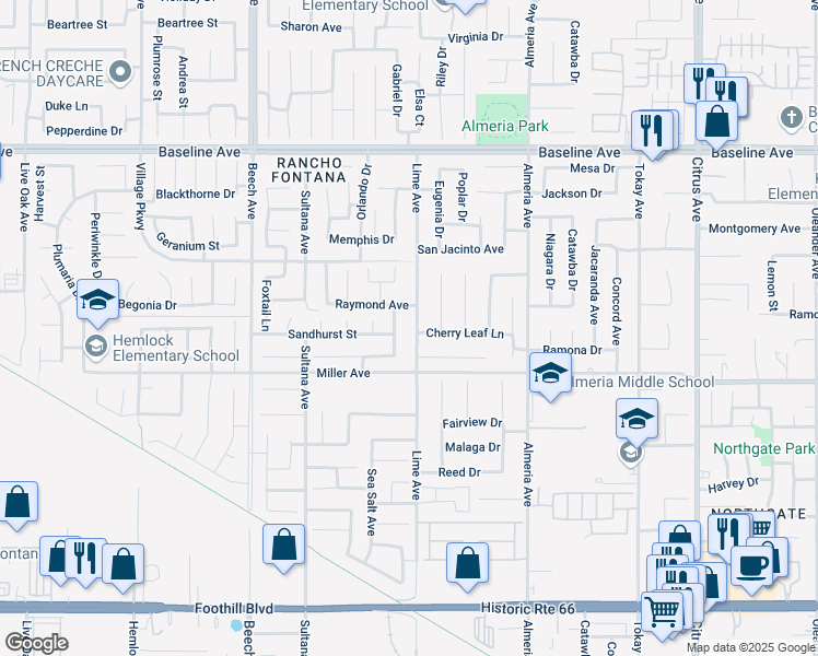 map of restaurants, bars, coffee shops, grocery stores, and more near 7582 Lime Avenue in Fontana