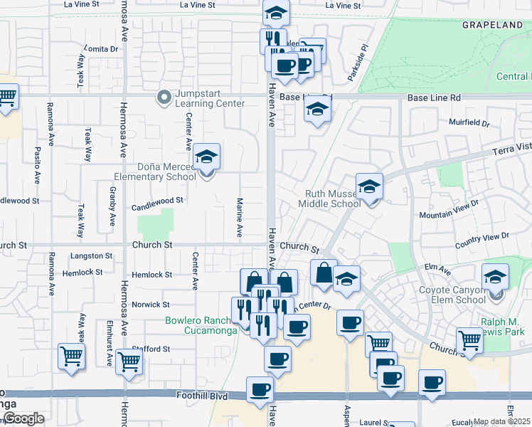 map of restaurants, bars, coffee shops, grocery stores, and more near 10489 Candlewood Street in Rancho Cucamonga