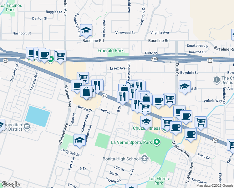 map of restaurants, bars, coffee shops, grocery stores, and more near 3865 Topaz Lane in La Verne