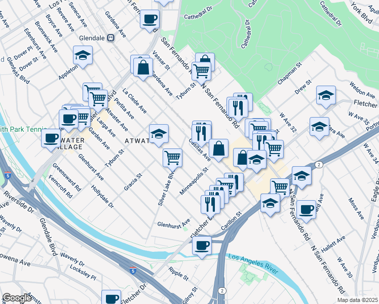 map of restaurants, bars, coffee shops, grocery stores, and more near 3272 Kazaz Lane in Los Angeles