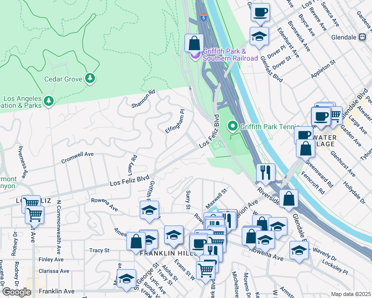 map of restaurants, bars, coffee shops, grocery stores, and more near 3530 Griffith Park Boulevard in Los Angeles