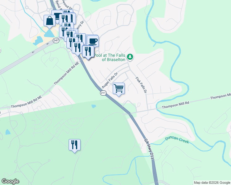 map of restaurants, bars, coffee shops, grocery stores, and more near 1512 Kilchis Falls Way in Braselton