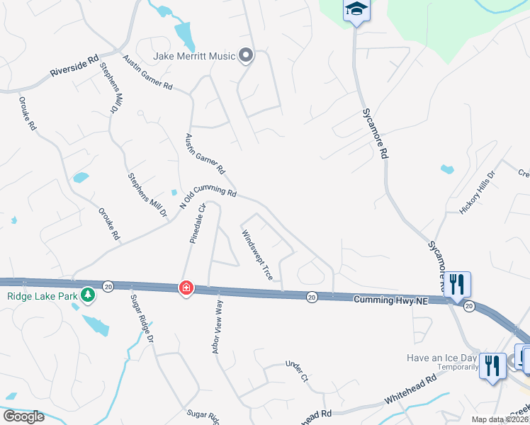 map of restaurants, bars, coffee shops, grocery stores, and more near 5580 Windswept Trace in Sugar Hill