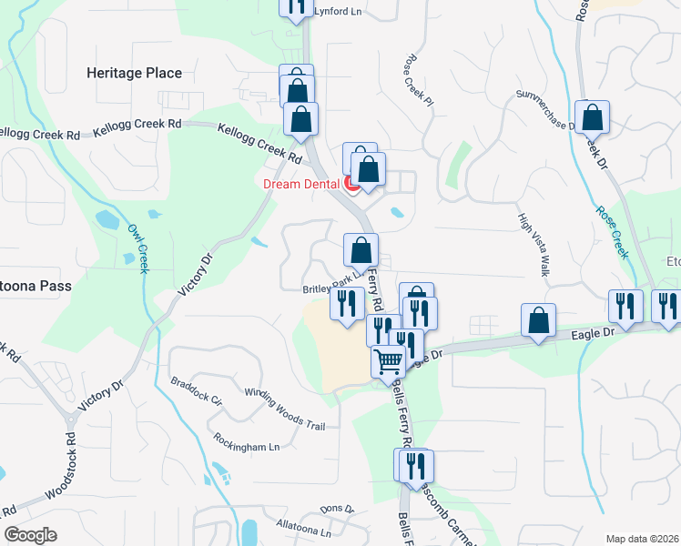 map of restaurants, bars, coffee shops, grocery stores, and more near 212 Chelsea Court in Woodstock