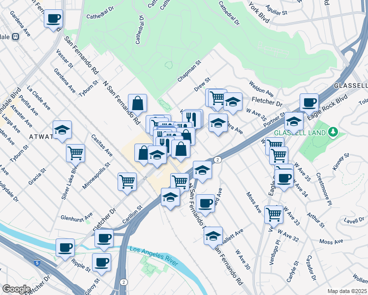 map of restaurants, bars, coffee shops, grocery stores, and more near 3030 Andrita Street in Los Angeles