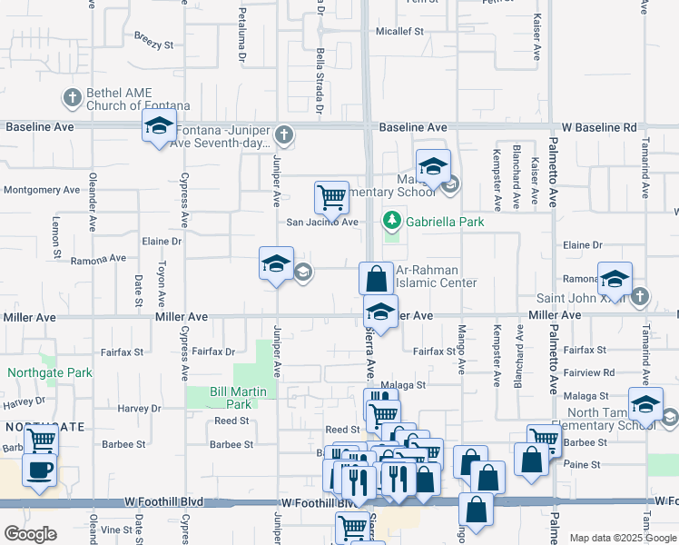 map of restaurants, bars, coffee shops, grocery stores, and more near 16839 Ramona Avenue in Fontana