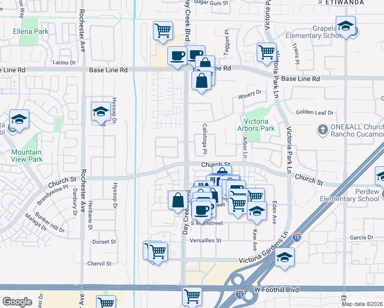 map of restaurants, bars, coffee shops, grocery stores, and more near 7594 Silverado Trail Place in Rancho Cucamonga