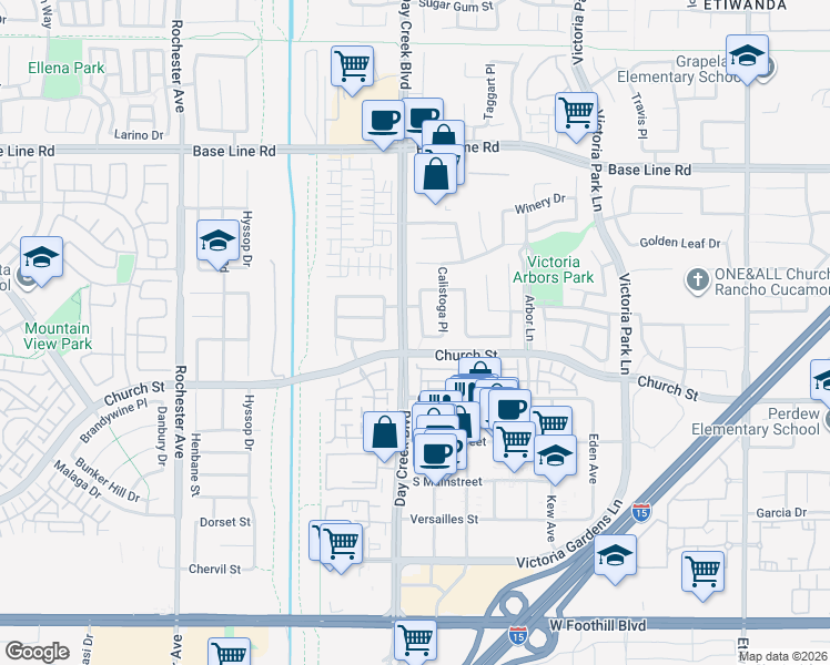 map of restaurants, bars, coffee shops, grocery stores, and more near 7577 Silver Oak Place in Rancho Cucamonga