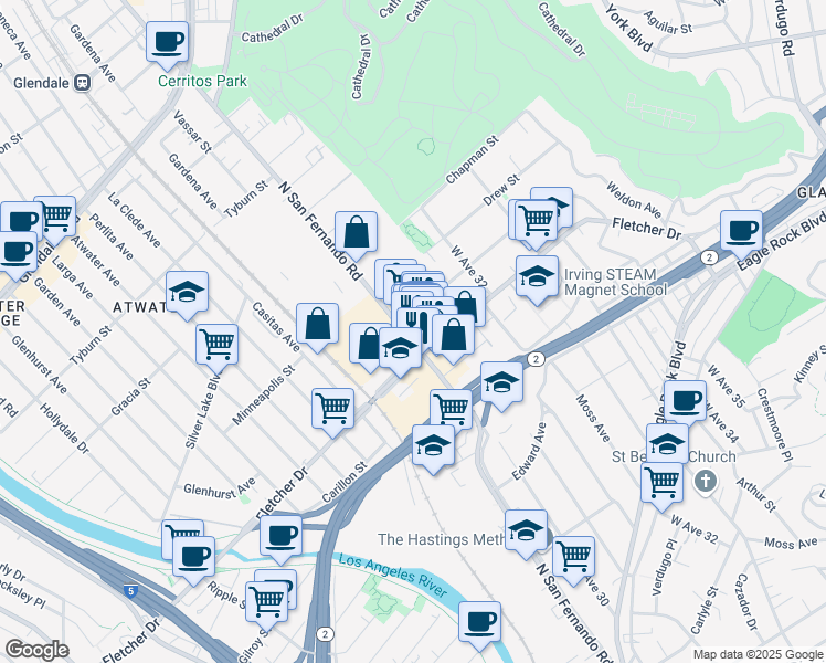map of restaurants, bars, coffee shops, grocery stores, and more near 3127 North San Fernando Road in Los Angeles