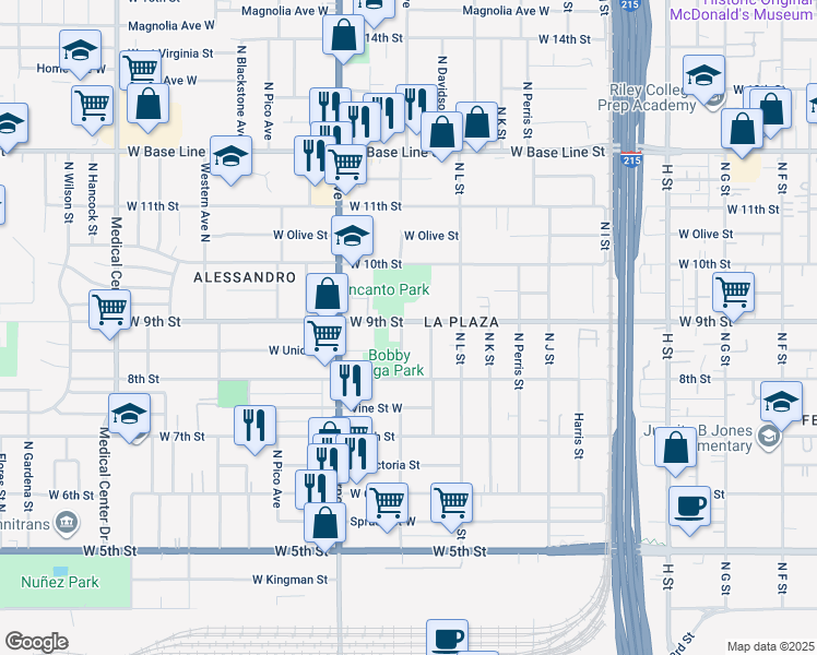 map of restaurants, bars, coffee shops, grocery stores, and more near 895 North Garner Avenue in San Bernardino