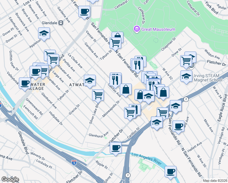 map of restaurants, bars, coffee shops, grocery stores, and more near 3240 Casitas Avenue in Los Angeles