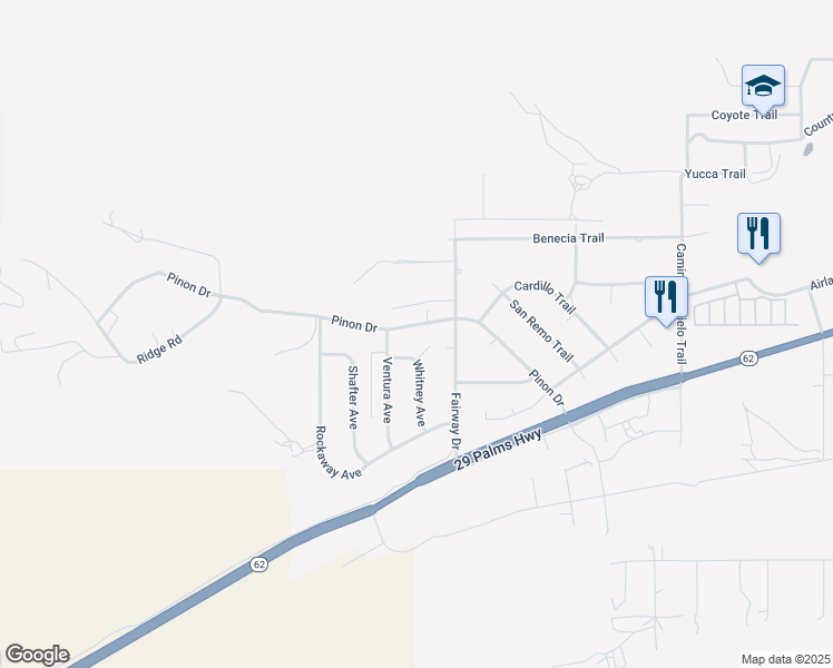 map of restaurants, bars, coffee shops, grocery stores, and more near 54425 Pinon Drive in Yucca Valley